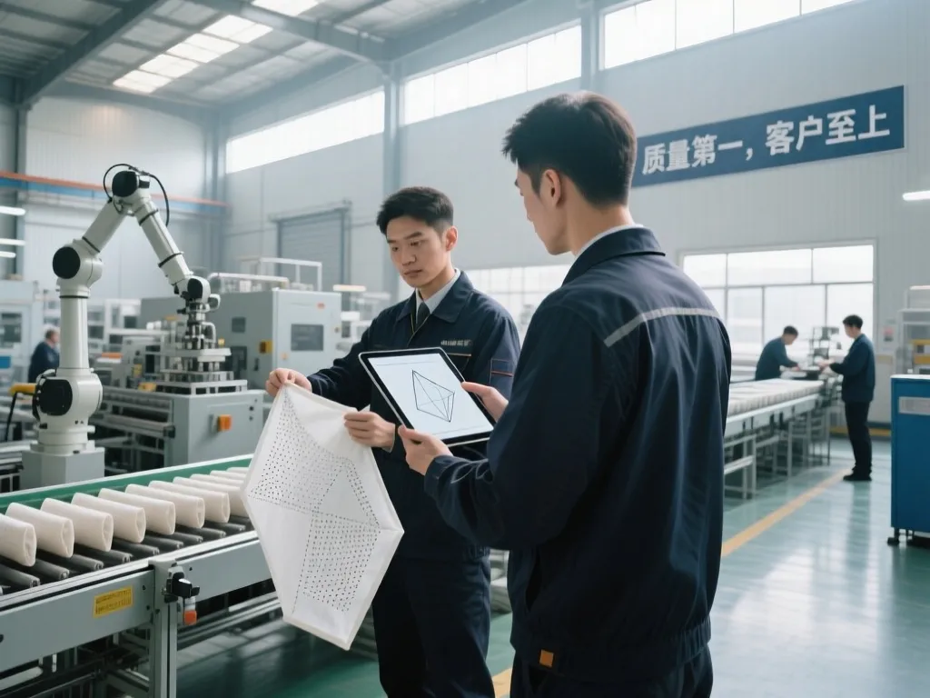Engineers discussing custom size filter bag design in factory.