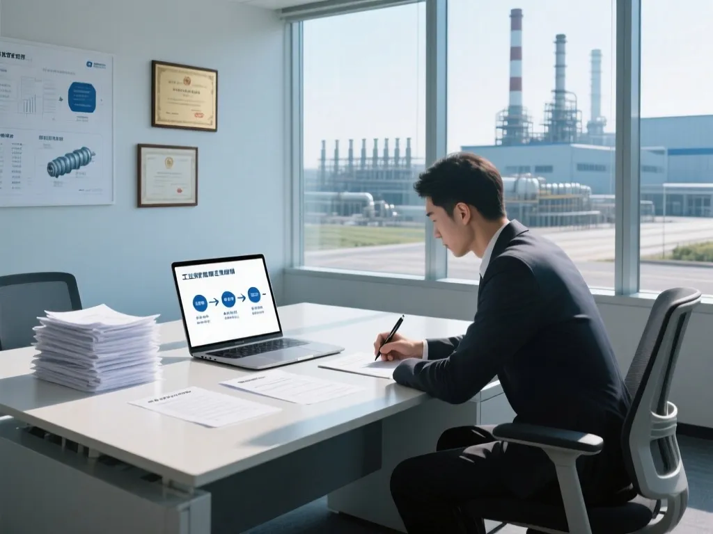 Professional managing custom industrial filter orders in office with industrial view.