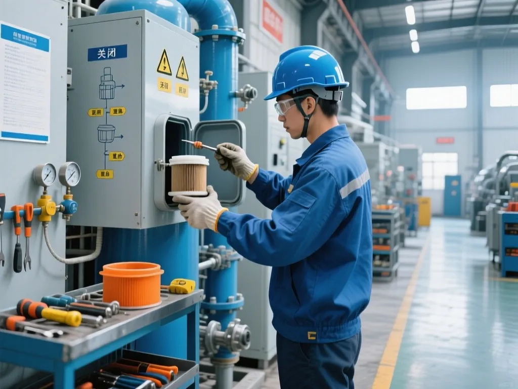 A worker installing a new filter cartridge into industrial equipment.
