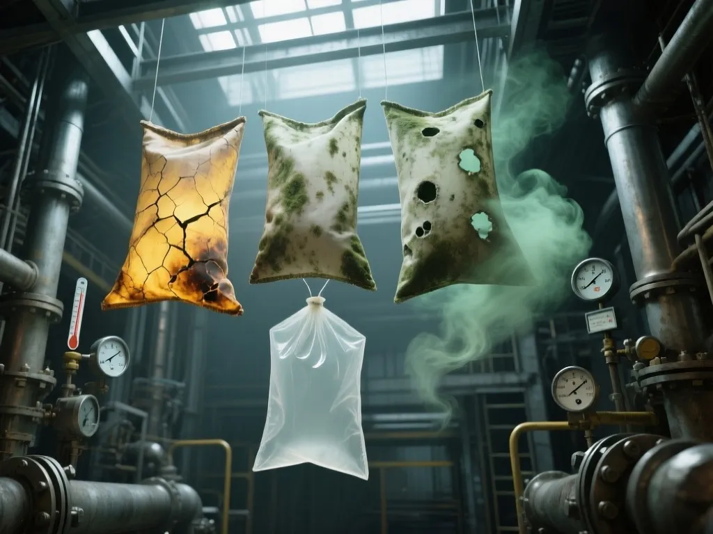 Damaged filter bags with holes and stains causing frequent replacements.