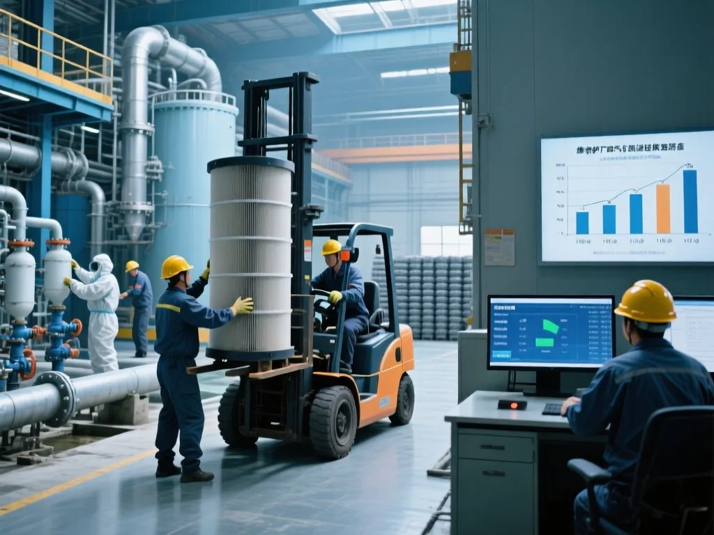 Workers using a forklift to speed up industrial filter replacement.