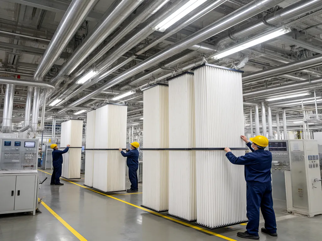 Workers handling large customized filter sacks in an industrial facility