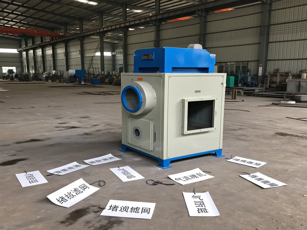 A dust collector with performance issue indicators on the floor.