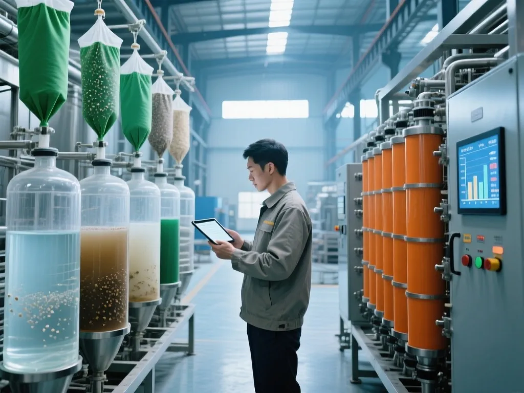A factory worker checking large filter bags and cartridge filters in an industrial setting.