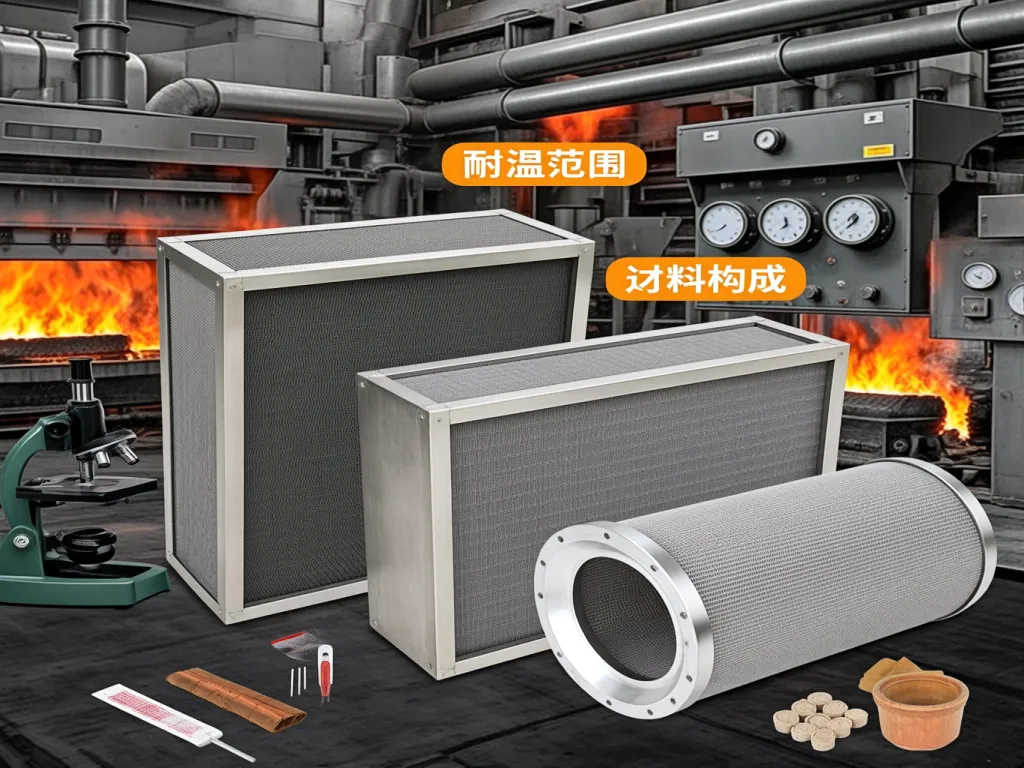 High temperature filters with specifications for industrial use.