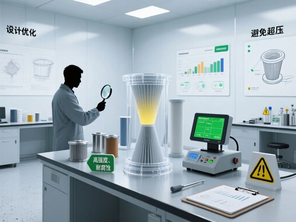 Testing and optimization of filter cartridges in a laboratory to prevent collapse.