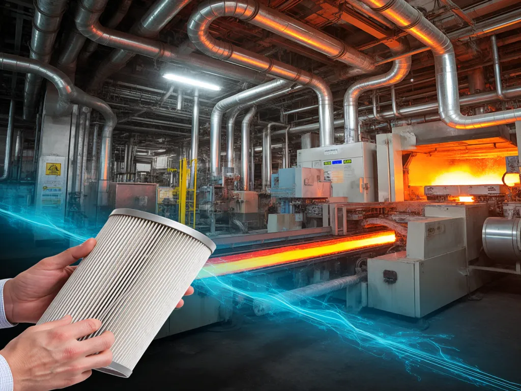Hand holding a filter with high temperature industrial background.