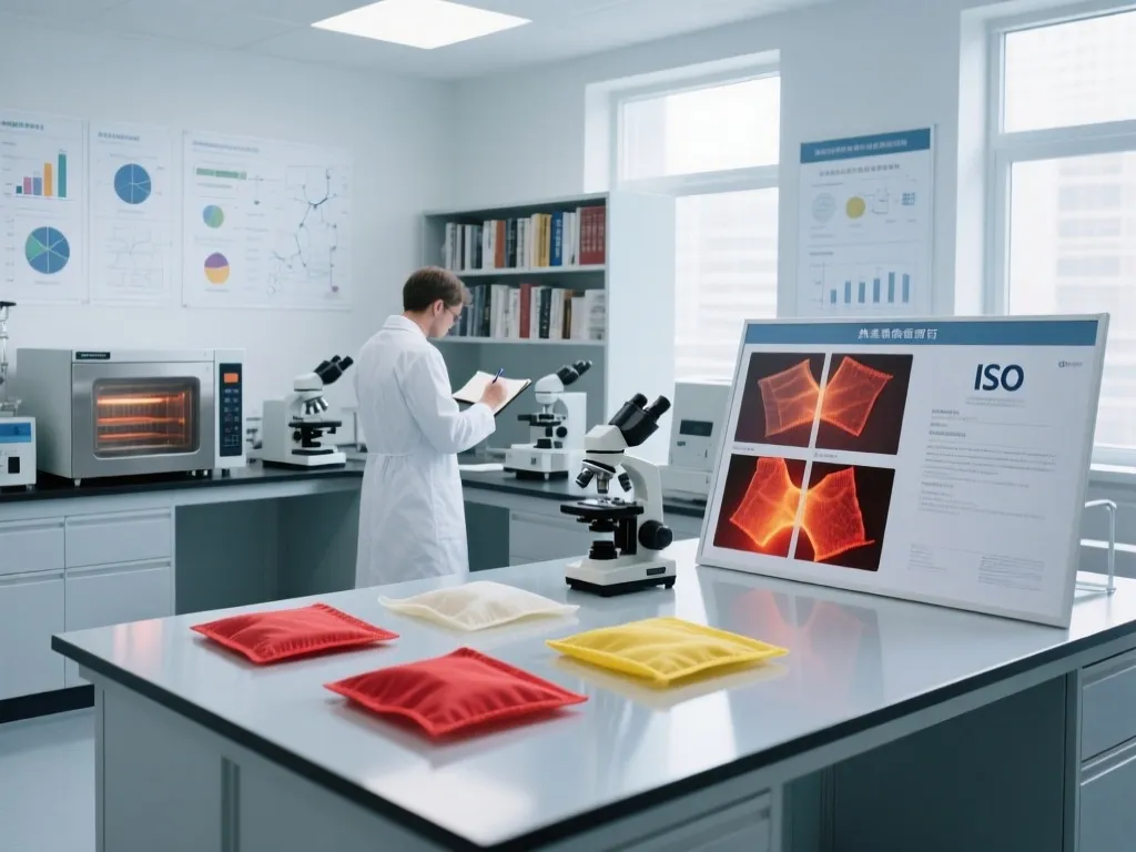 Display of filter bag materials with thermal images and ISO certification in lab.