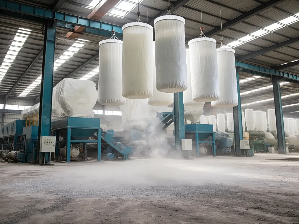 Filter bags in use during cement processing, capturing dust
