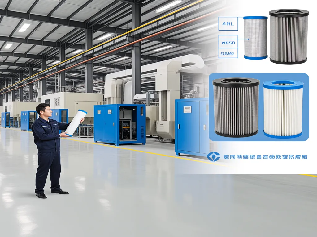 Worker inspecting a filter bag for dust collector in industrial settings.