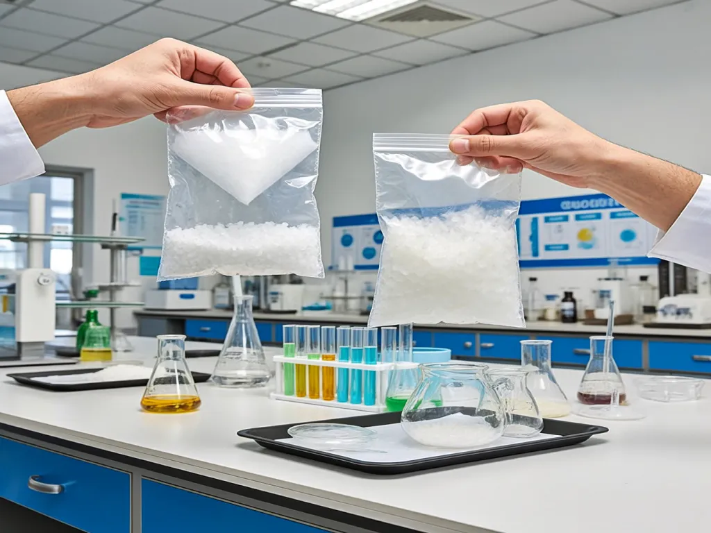Hands holding bags of filtration media in a lab setting for water filtration testing.