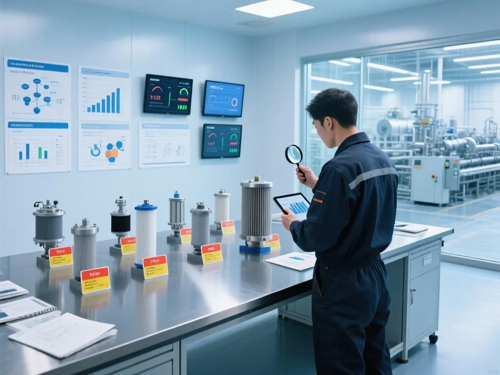 A technician examining industrial filters on a table with data charts displayed on screens.