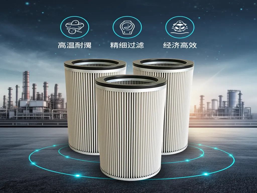 Industrial filter bags highlighting features like high-temperature resistance