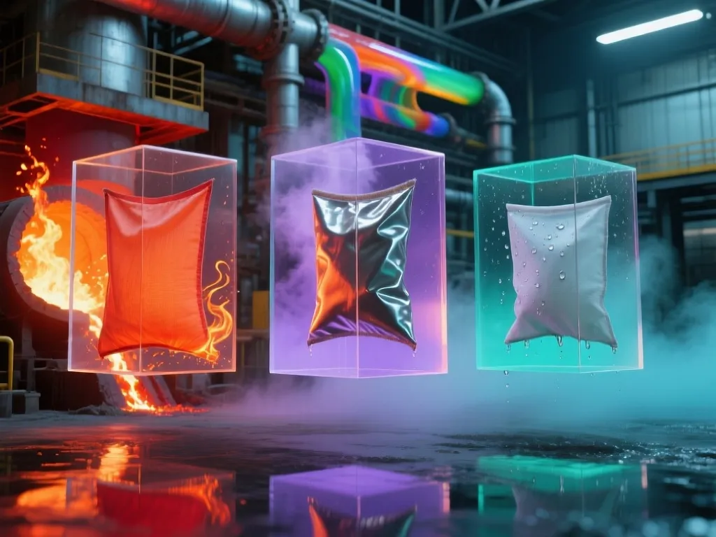 Different materials of dust collector bags displayed in transparent cases.