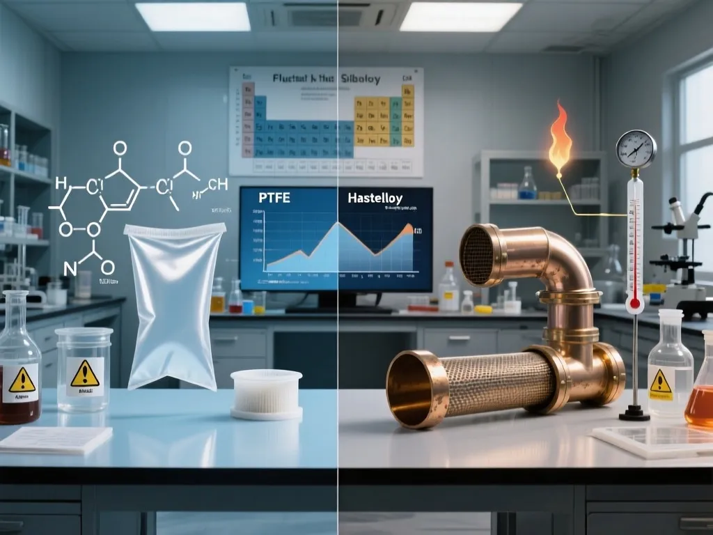 PTFE and Hastelloy filter materials in a laboratory setting for corrosive resistance testing.