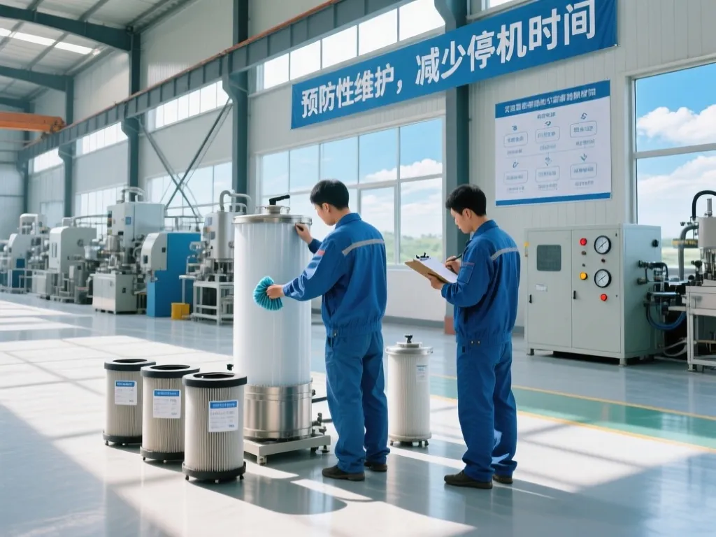 Workers performing preventive maintenance on filters to reduce downtime.