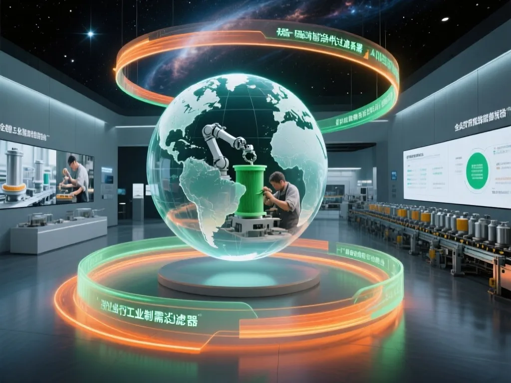 Global industrial filter manufacturing and distribution center with digital interface.