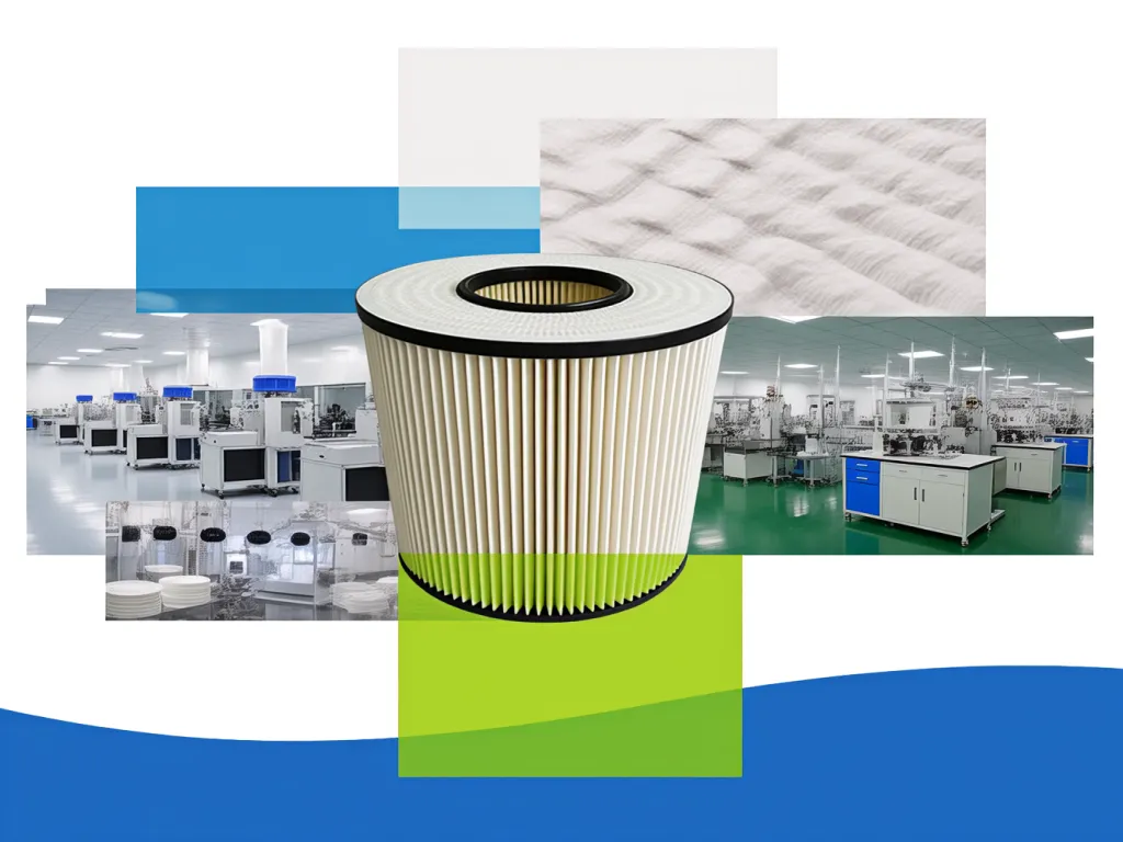 Close-up of a customized filter sack with various industrial applications in the background