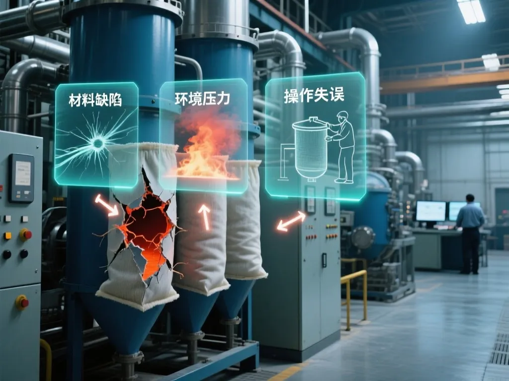 Industrial setting showing causes of filter bag failure: material defects, environmental stress, operational errors.